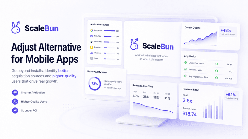 ScaleBun as an Adjust alternative for mobile apps, connecting attribution sources with cohort quality, app health, retention, and ROI.