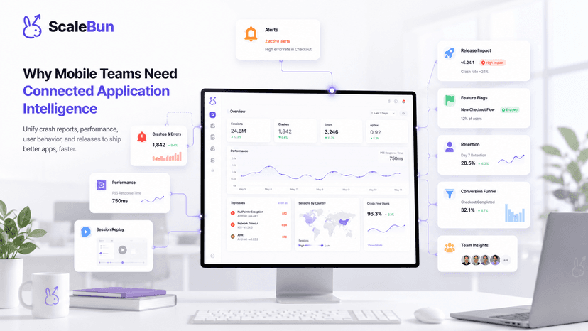 ScaleBun connected application intelligence dashboard unifying crashes, performance, session replay, alerts, releases, feature flags, retention, and team insights.