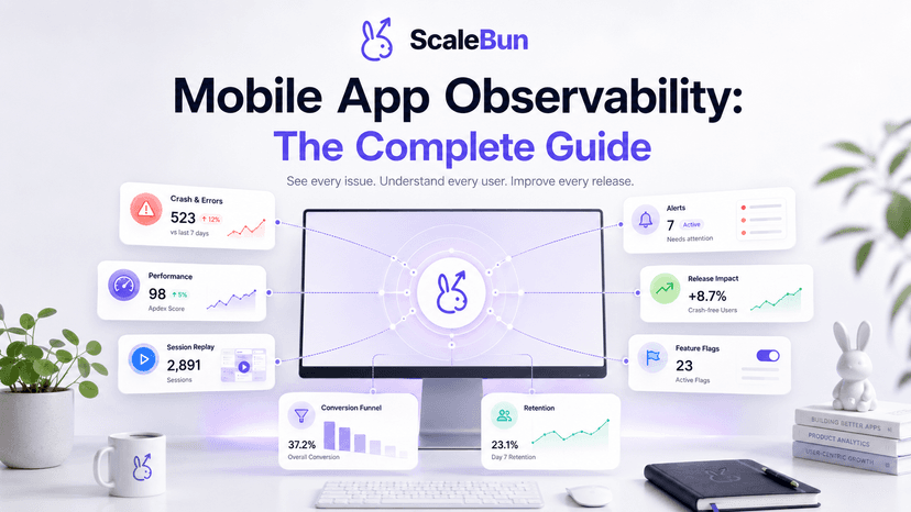 ScaleBun mobile app observability overview connecting crashes, performance, session replay, releases, feature flags, funnels, and retention.