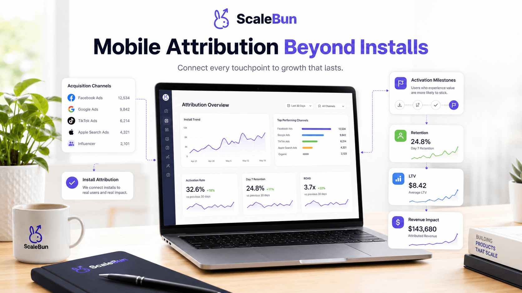 ScaleBun mobile attribution dashboard connecting acquisition channels and installs to activation, retention, lifetime value, and revenue.
