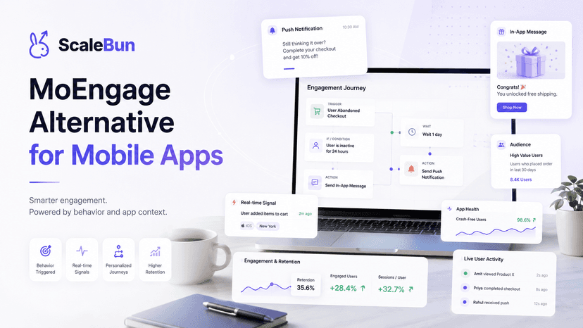 ScaleBun as a MoEngage alternative for mobile apps, connecting push notifications, in-app messages, journeys, audiences, app health, and retention.