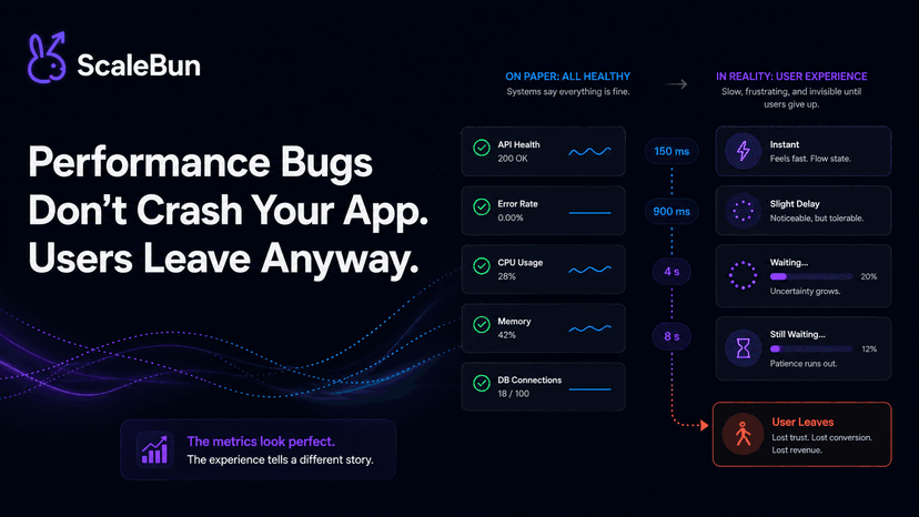 Performance Bugs Don't Crash Your App. Users Leave Anyway. — ScaleBun blog cover