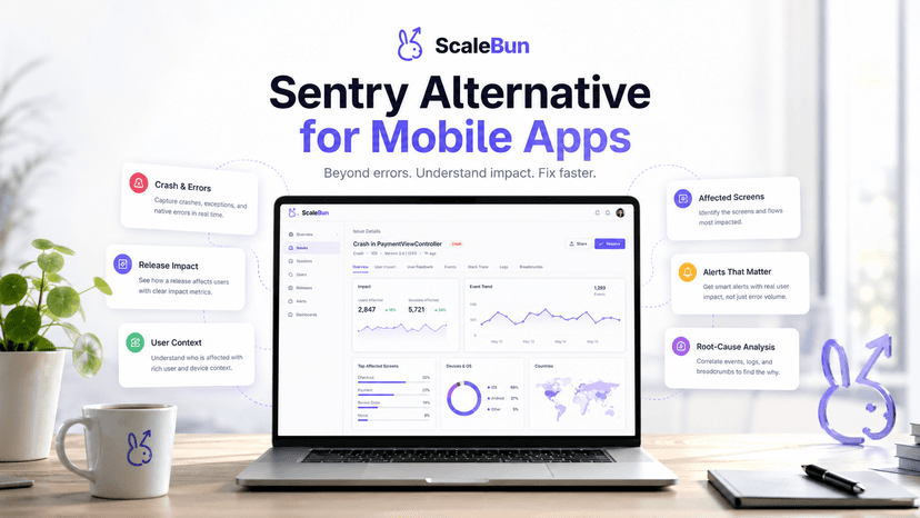 ScaleBun as a Sentry alternative for mobile apps, connecting crashes, session replay, release impact, user context, and root-cause analysis.