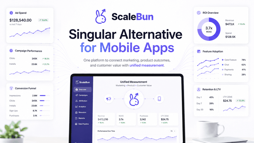 ScaleBun as a Singular alternative for mobile apps, unifying ad spend, campaign performance, product outcomes, retention, funnels, and ROI.