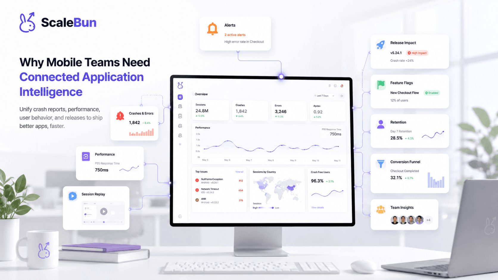 ScaleBun connected application intelligence dashboard unifying crashes, performance, session replay, alerts, releases, feature flags, retention, and team insights.