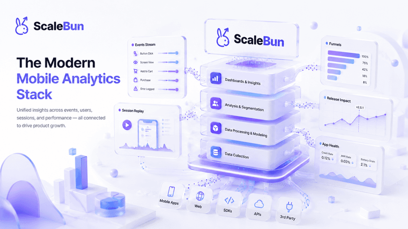 The modern ScaleBun mobile analytics stack connecting event streams, session replay, data collection, modeling, segmentation, dashboards, funnels, releases, and app health.