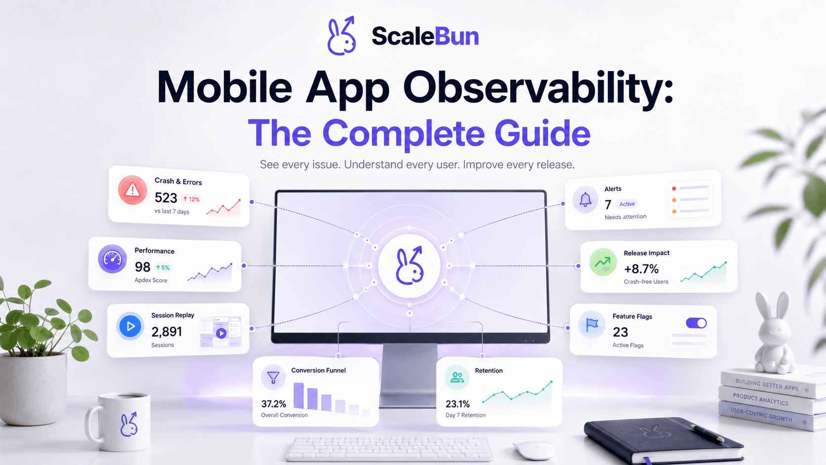 ScaleBun mobile app observability overview connecting crashes, performance, session replay, releases, feature flags, funnels, and retention.