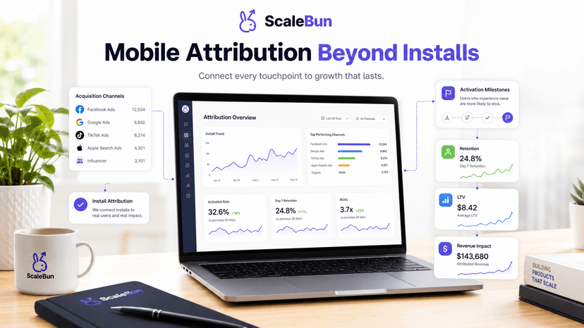 ScaleBun mobile attribution dashboard connecting acquisition channels and installs to activation, retention, lifetime value, and revenue.