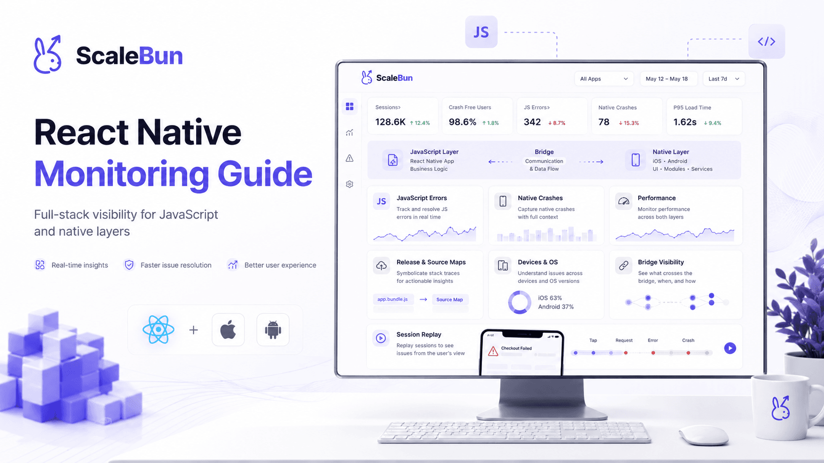 ScaleBun React Native monitoring overview across JavaScript errors, native crashes, performance, releases, devices, bridge visibility, and session replay.