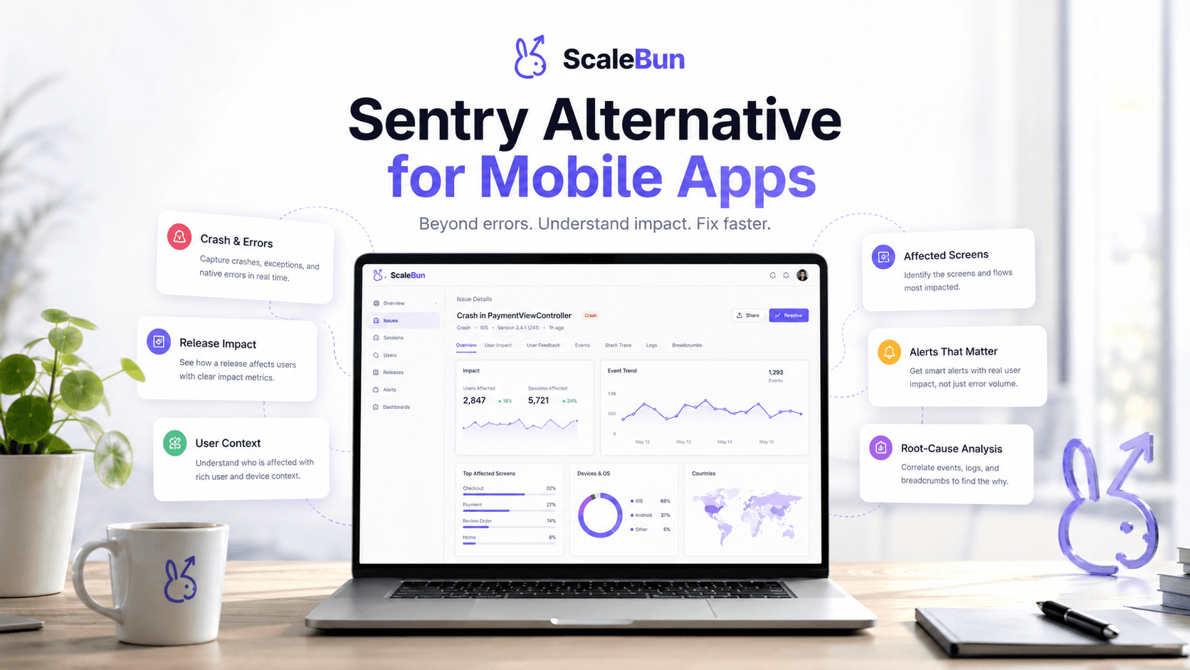 ScaleBun as a Sentry alternative for mobile apps, connecting crashes, session replay, release impact, user context, and root-cause analysis.