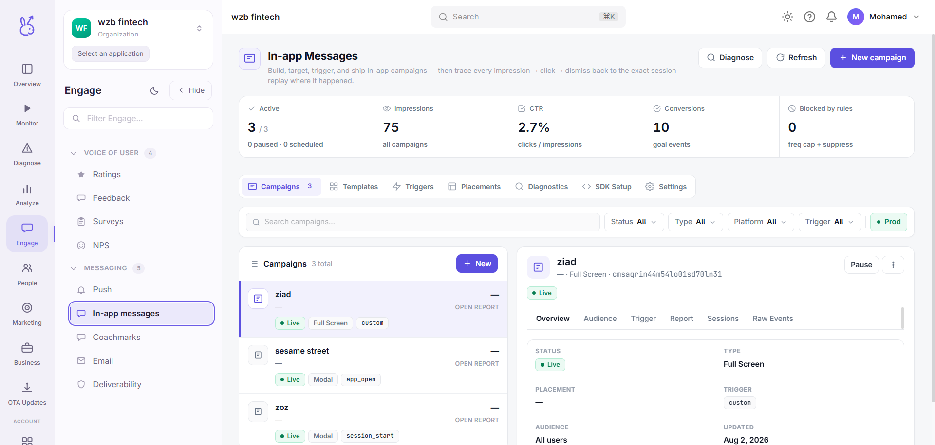 ScaleBun In App Messages dashboard