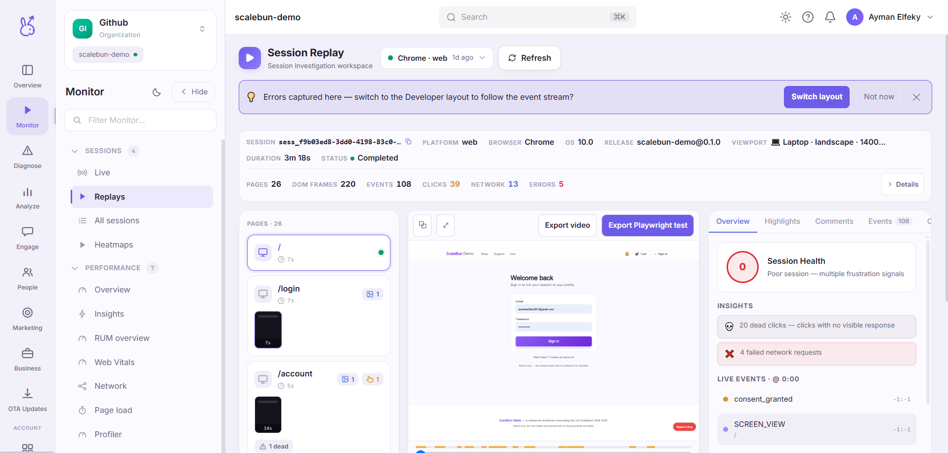 ScaleBun Replays dashboard