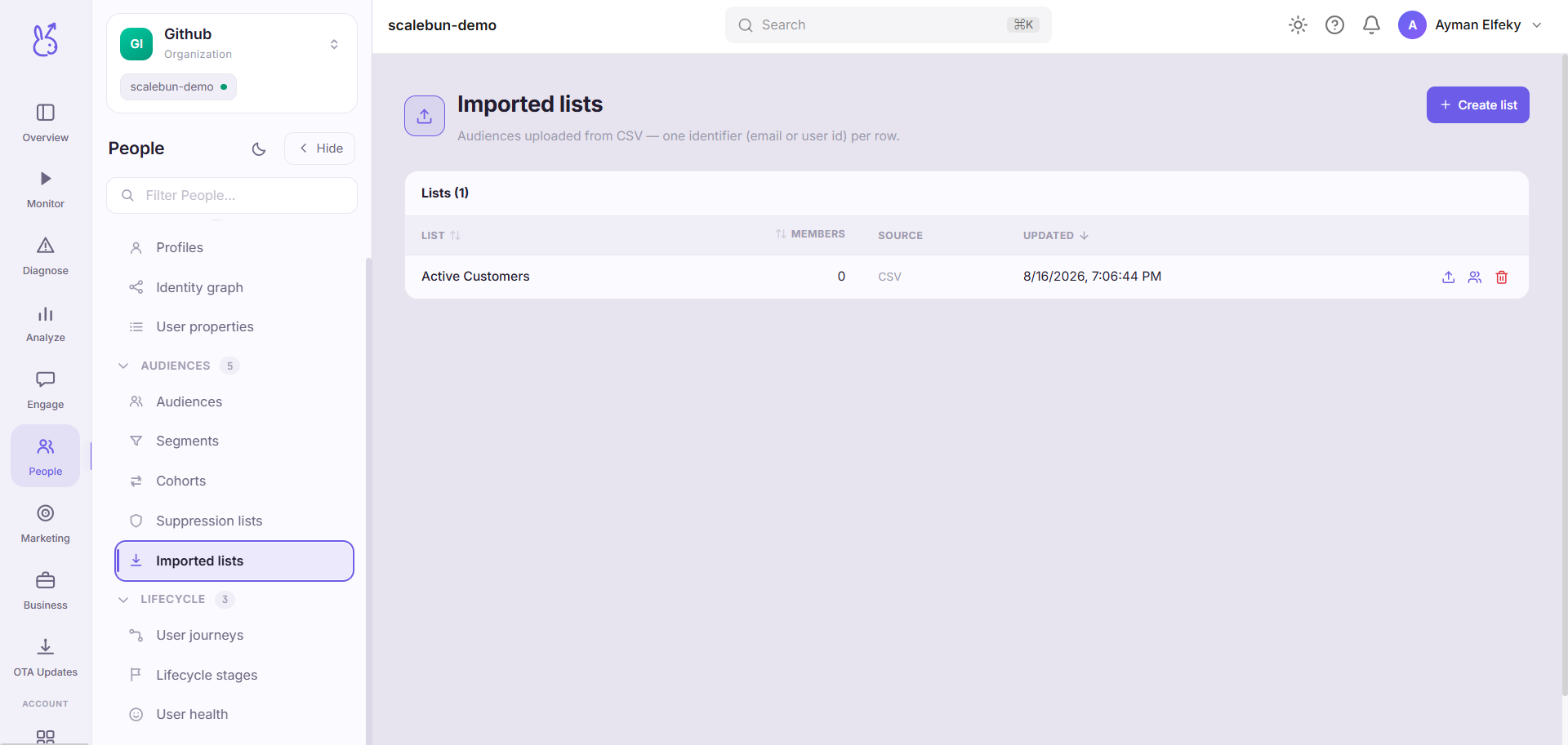 ScaleBun Imported Lists dashboard